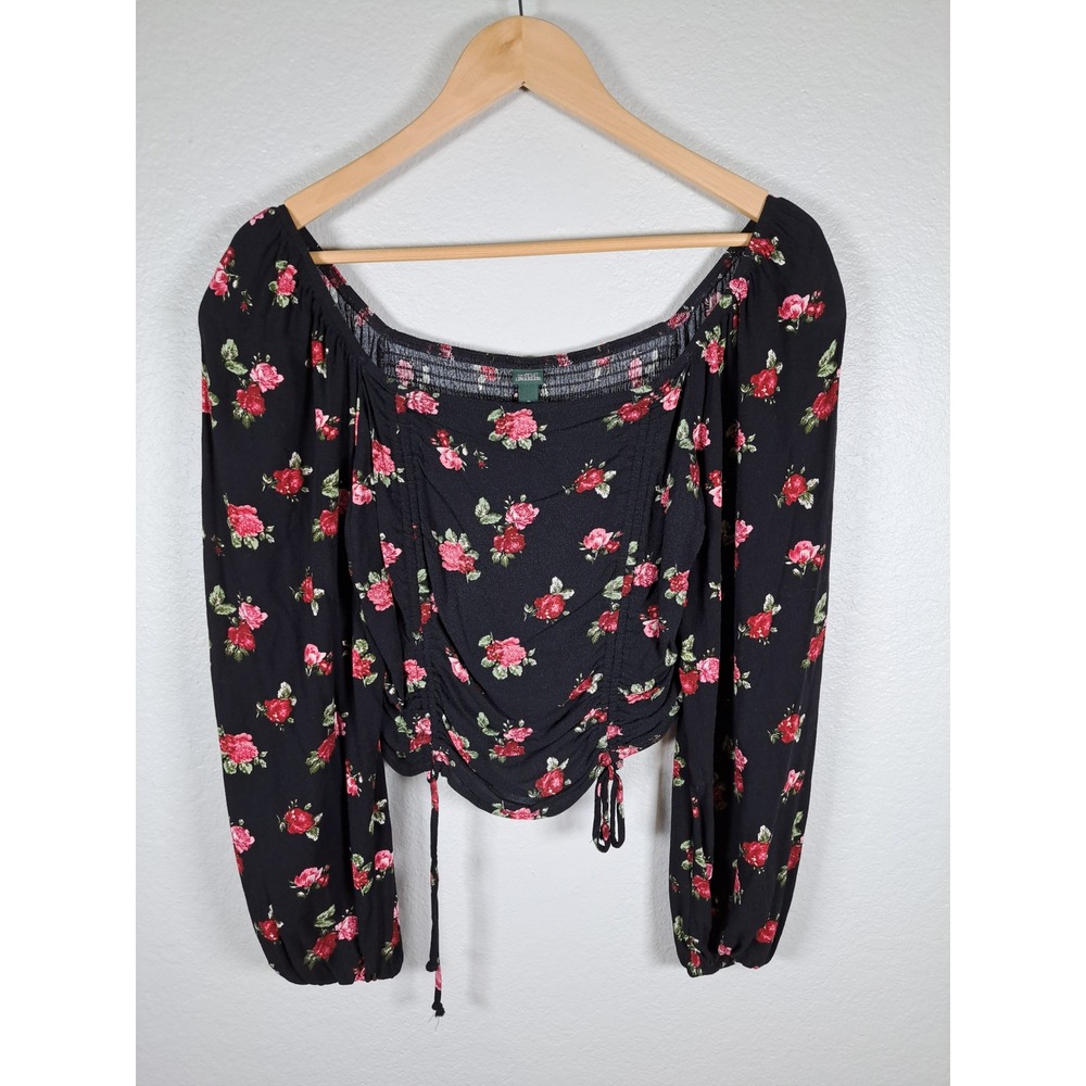 Wild Fable Black Floral Ruched Front Smocked Back Crop Top Long Sleeve M